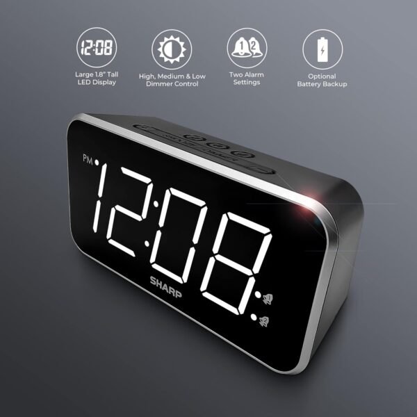 Sharp Alarm Clock Jumbo Easy to Read Display – 3 Step Dimmer Control – Dual Alarms, Battery Back-up, Black with White LED - Image 3