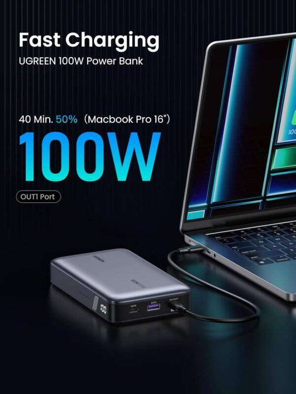 UGREEN 20000mAh 100W Power Bank, Nexode Portable Charger USB C 3-Port PD Fast Charging Battery Pack Digital Display for MacBook, iPad, iPhone 15 Pro, Galaxy S24 Ultra, Steam Deck, Dell XPS and More - Image 3