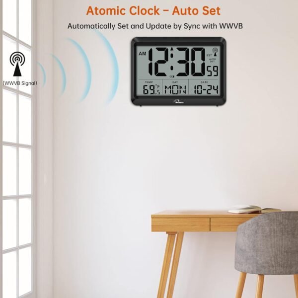 WallarGe Atomic Clock Battery Operated - Large Display Digital Alarm Clock with Seconds and Indoor Temeperature, 4 Time Zones, DST - Image 3