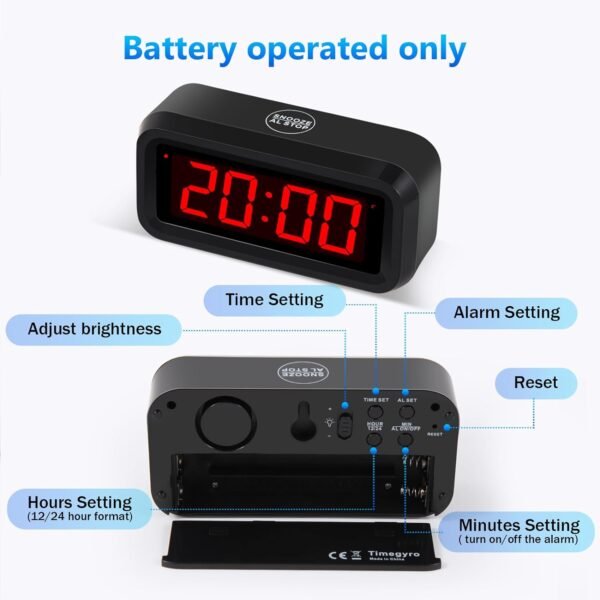 Digital Alarm Clock Battery Operated with LED Display for Bedrooms, Long Battery Life for 12 Months, 3 Brightness Adjustable, 12/24 Hour, Snooze, Black Case with Red Digits - Image 5
