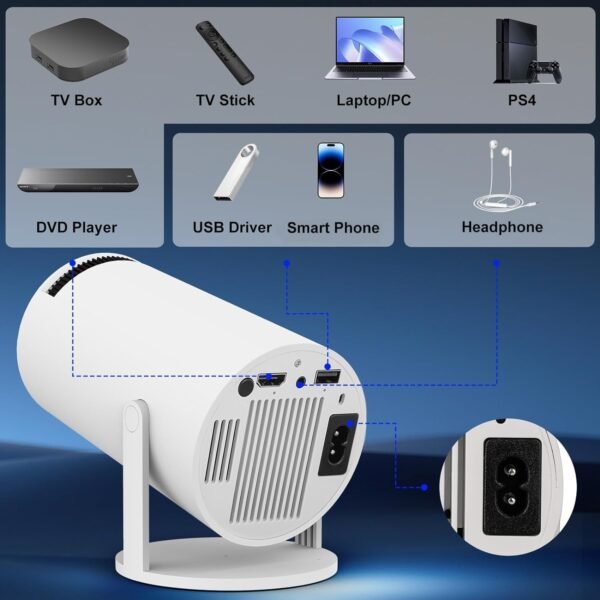 Mini Projector with WIFI 6 and Bluetooth, 4K 1080P Support Portable Projector 180° Rotatable 130'' Screen Movie Projector Auto Keystone Compatible for Laptop, PC, Smartphone (White) - Image 7