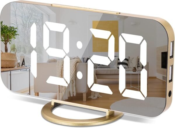 Digital Alarm Clock,6" Large LED Display with Dual USB Charger Ports | Auto Dimmer Mode | Easy Snooze Function, Modern Mirror Desk Wall Clock for Bedroom Home Office for All People (Gold) - Image 2