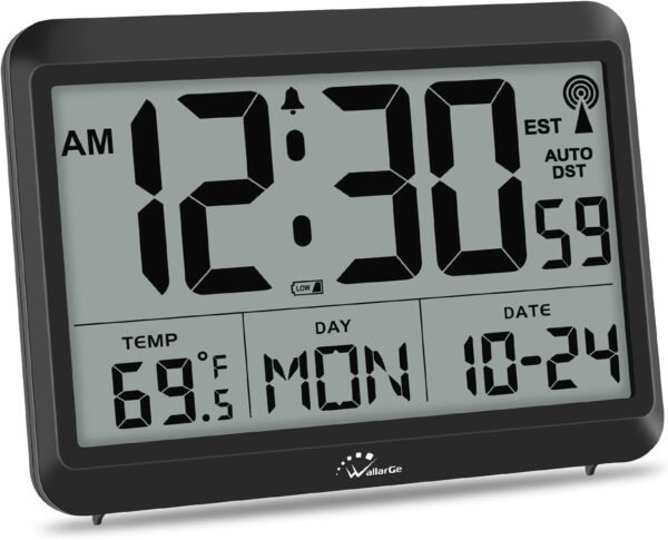 WallarGe Atomic Clock Battery Operated - Large Display Digital Alarm Clock with Seconds and Indoor Temeperature, 4 Time Zones, DST - Image 2