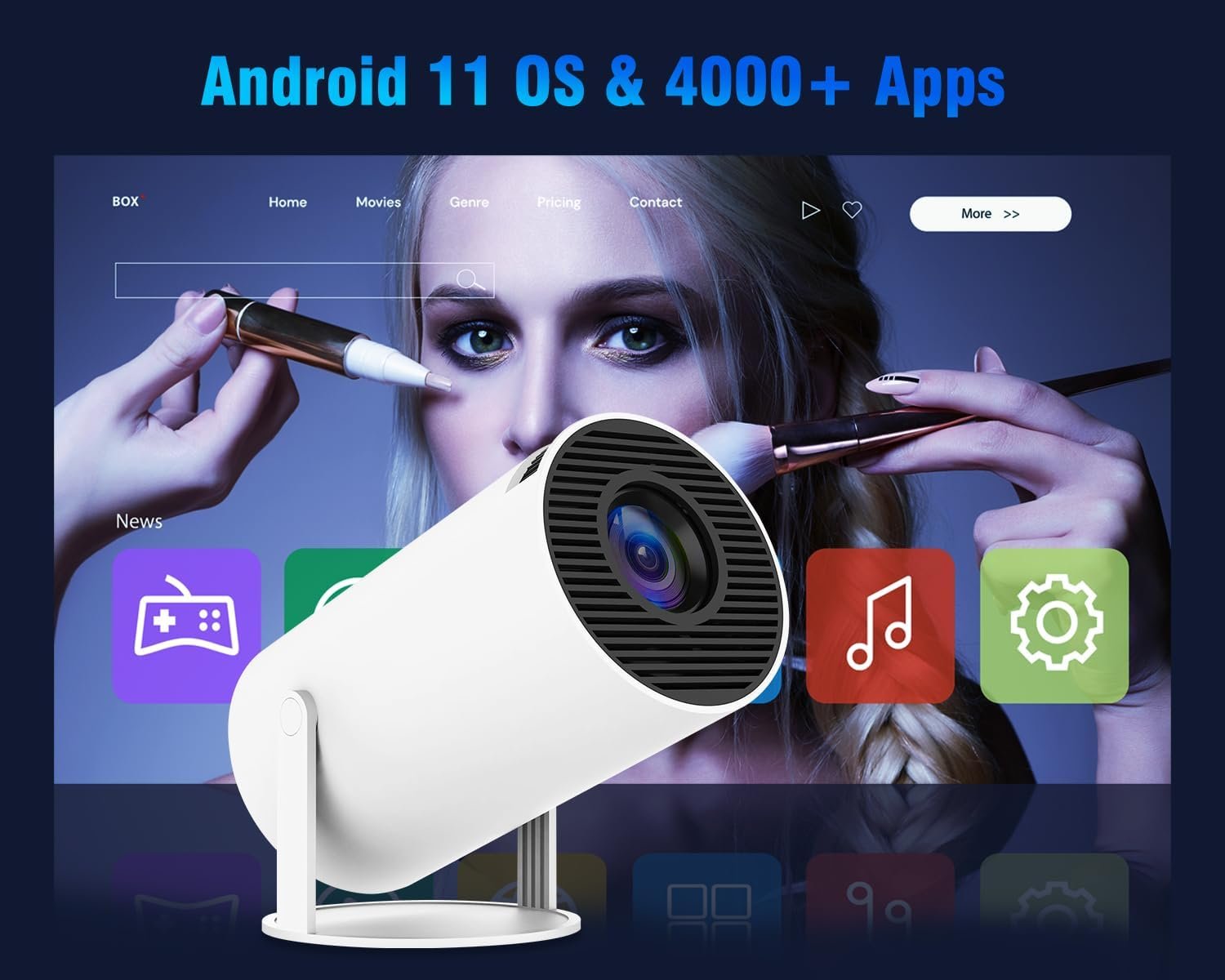 Mini Projector with Android 11, Portable Projector 4K 1080P Full HD Support, Smart Projector 5G WiFi6 BT5.0 Auto Horizontal Correction, 180°Rotatable Outdoor Projector for Phone/TV Stick/Laptop - Image 4