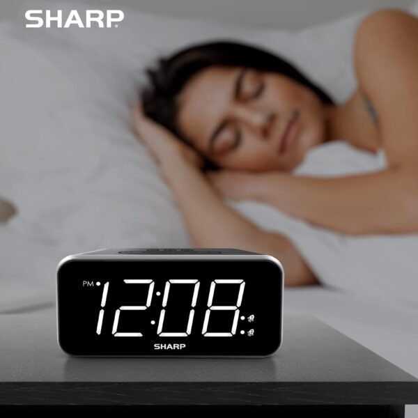 Sharp Alarm Clock Jumbo Easy to Read Display – 3 Step Dimmer Control – Dual Alarms, Battery Back-up, Black with White LED - Image 6