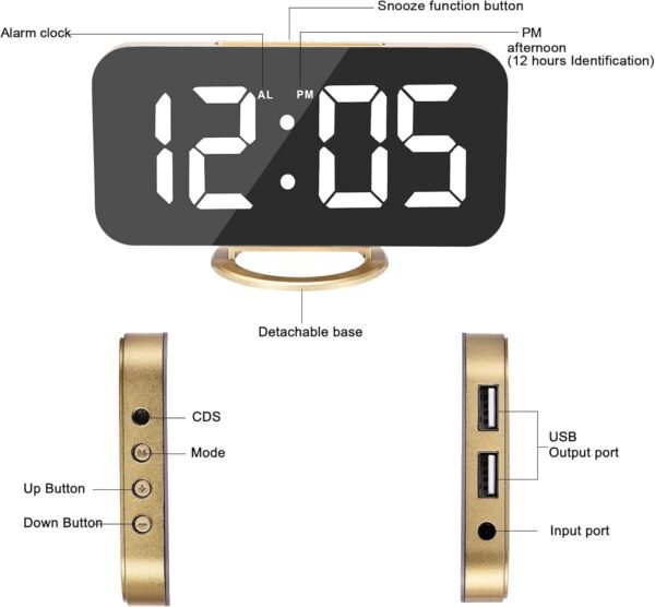 Digital Alarm Clock,6" Large LED Display with Dual USB Charger Ports | Auto Dimmer Mode | Easy Snooze Function, Modern Mirror Desk Wall Clock for Bedroom Home Office for All People (Gold) - Image 8