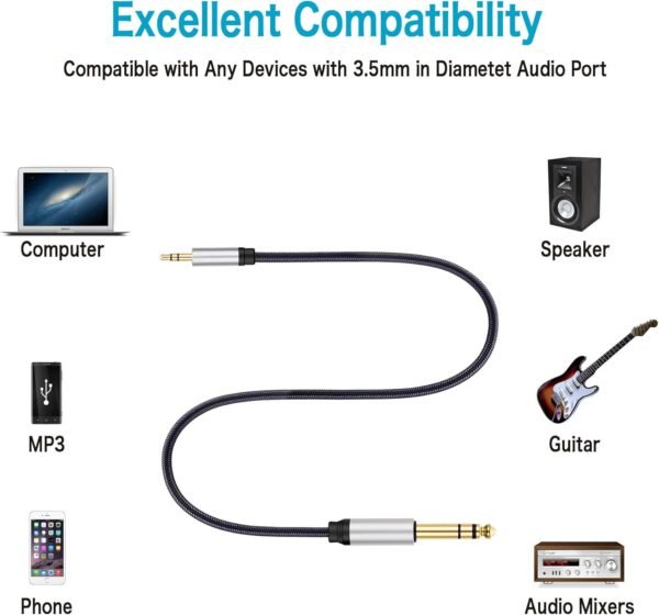 3.5 mm to 6.35 mm Audio Cable 20Ft, Gold-Plated Terminal Silver Color Zinc Alloy Housing 3.5mm 1/8" Male TRS to 6.35mm 1/4" Male TRS Nylon Braided Stereo Audio Cable for Cellphone,Amplifiers(20Ft/6M) - Image 6