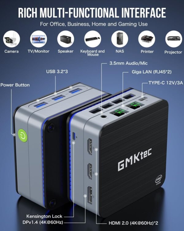 GMKtec Desktop Mini PC Windows 11 Pro Intel N100 12GB DDR5 512GB SSD Dual LAN, Mini Computer 1000Mbps, 4K Triple Display, WiFi6, BT5.2, Energy Efficient - Image 7
