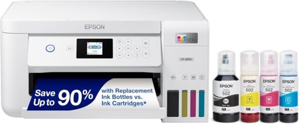 Epson EcoTank ET-2850 Wireless Color All-in-One Cartridge-Free Supertank Printer with Scan, Copy and Auto 2-Sided Printing - White, Medium - Image 2