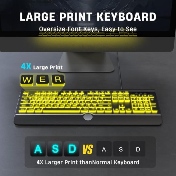 Computer Wired Keyboard, Large Print Backlit Keyboard with Wrist Rest, 7-Colors Backlit, Plug and Play, Foldable Stands, Spill-Resistant, Corded Full Size Keyboard for Windows, PC, Laptop - Image 5