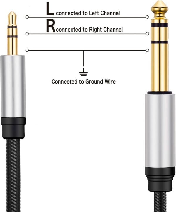 3.5 mm to 6.35 mm Audio Cable 20Ft, Gold-Plated Terminal Silver Color Zinc Alloy Housing 3.5mm 1/8" Male TRS to 6.35mm 1/4" Male TRS Nylon Braided Stereo Audio Cable for Cellphone,Amplifiers(20Ft/6M) - Image 5