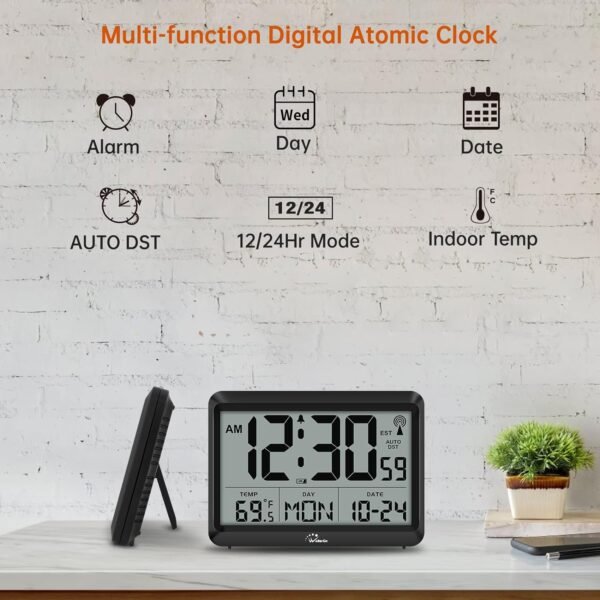 WallarGe Atomic Clock Battery Operated - Large Display Digital Alarm Clock with Seconds and Indoor Temeperature, 4 Time Zones, DST - Image 7