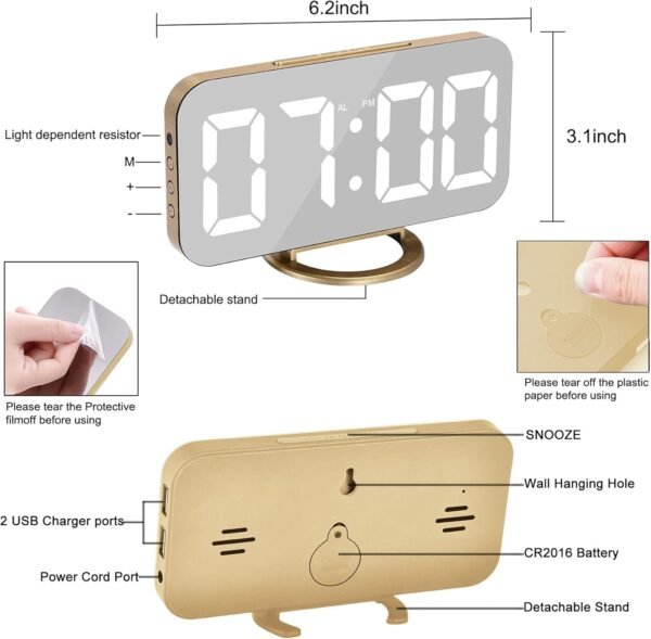 Digital Alarm Clock,6" Large LED Display with Dual USB Charger Ports | Auto Dimmer Mode | Easy Snooze Function, Modern Mirror Desk Wall Clock for Bedroom Home Office for All People (Gold) - Image 7