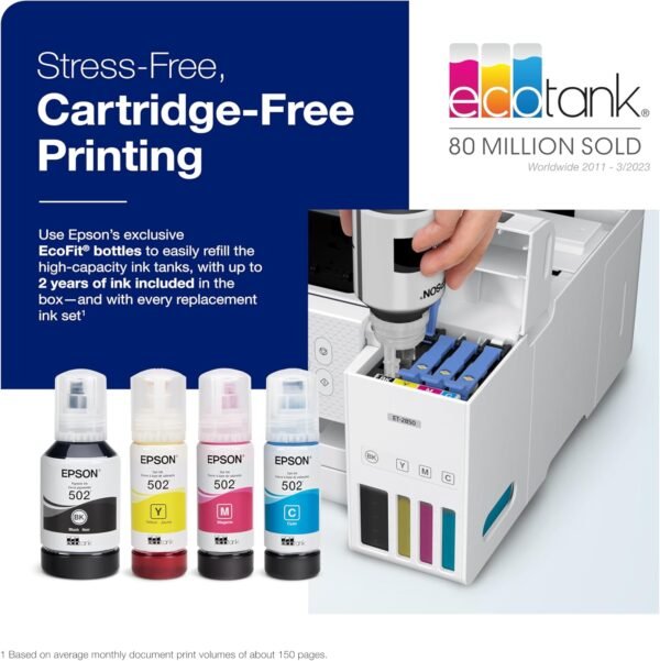 Epson EcoTank ET-2850 Wireless Color All-in-One Cartridge-Free Supertank Printer with Scan, Copy and Auto 2-Sided Printing - White, Medium - Image 4