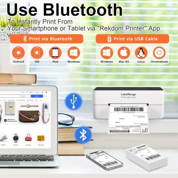 Ecommerce Label Printer, Bluetooth Thermal Shipping Label Printer, 4x6 Thermal Printer Compatible with Android, iOS, Windows, Amazon, Ebay, Shopify, Etsy, USPS, Pirate Ship, Shippo - Image 4