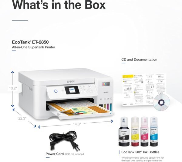 Epson EcoTank ET-2850 Wireless Color All-in-One Cartridge-Free Supertank Printer with Scan, Copy and Auto 2-Sided Printing - White, Medium - Image 7