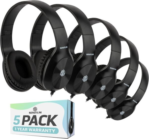 Sonitum Kids Headphones, 5-Pack, On-Ear, 3.5mm Wired, Adjustable, Cushioned, Black - Image 2