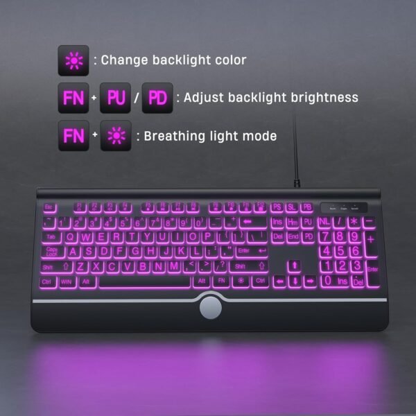 Computer Wired Keyboard, Large Print Backlit Keyboard with Wrist Rest, 7-Colors Backlit, Plug and Play, Foldable Stands, Spill-Resistant, Corded Full Size Keyboard for Windows, PC, Laptop - Image 6