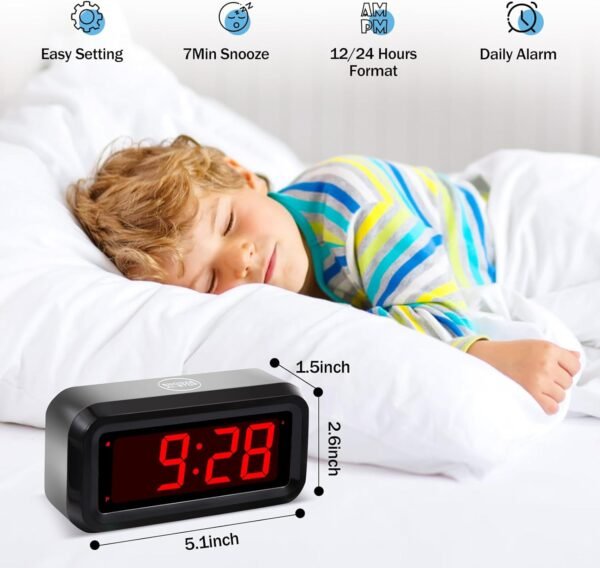 Digital Alarm Clock Battery Operated with LED Display for Bedrooms, Long Battery Life for 12 Months, 3 Brightness Adjustable, 12/24 Hour, Snooze, Black Case with Red Digits - Image 3