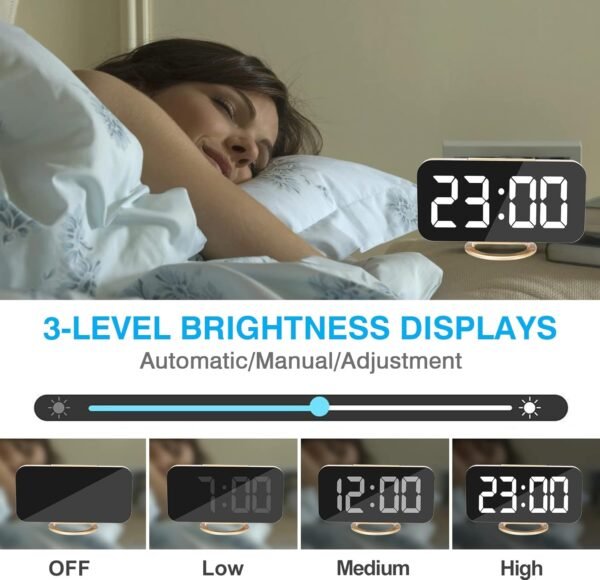 Digital Alarm Clock,6" Large LED Display with Dual USB Charger Ports | Auto Dimmer Mode | Easy Snooze Function, Modern Mirror Desk Wall Clock for Bedroom Home Office for All People (Gold) - Image 5