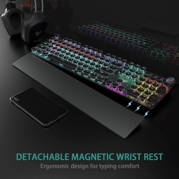 AULA F2088 Typewriter Style Mechanical Gaming Keyboard Blue Switches,Rainbow LED Backlit,Removable Wrist Rest,Media Control Knob,Retro Punk Round Keycaps,USB Wired Computer Keyboard - Image 5