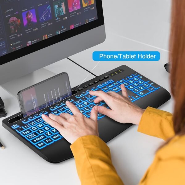 SABLUTE Large Print Backlit Computer Keyboards, Wired Lighted USB Keyboards with 7-Color Backlit, Wrist Rest, Phone Holder, Easy to Read and Type for Laptop, PC, Windows, Desktop - Image 7
