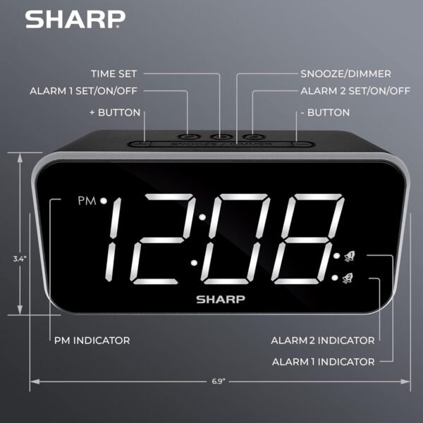 Sharp Alarm Clock Jumbo Easy to Read Display – 3 Step Dimmer Control – Dual Alarms, Battery Back-up, Black with White LED - Image 4