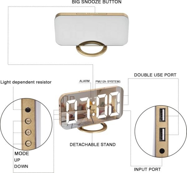 Digital Alarm Clock,6" Large LED Display with Dual USB Charger Ports | Auto Dimmer Mode | Easy Snooze Function, Modern Mirror Desk Wall Clock for Bedroom Home Office for All People (Gold) - Image 9