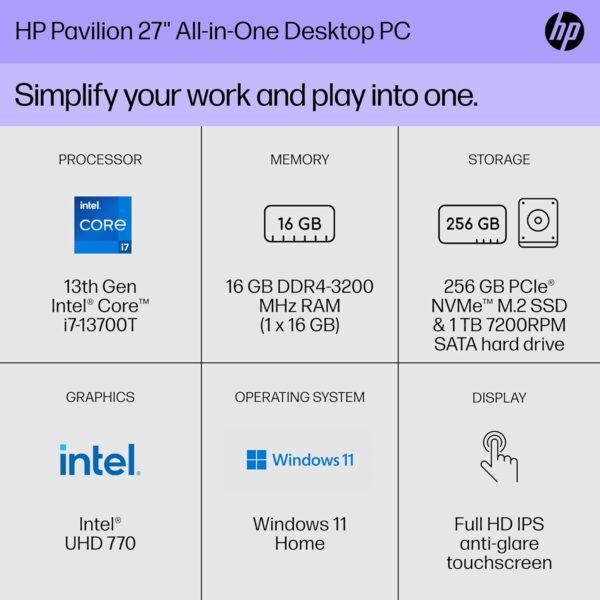 HP Pavilion 27 inch All-in-One Desktop PC, FHD Display, 13th Generation Intel Core i7-13700T, 16 GB RAM, 256 GB SSD, 1 TB HD, Intel UHD 770 graphics, Windows 11 Home, 27- ca2080 (2023) - Image 3