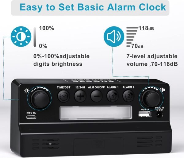 Digital Alarm Clock, Big Number LED Mirror Clock with Type C & USB Charging Port, 2 Alarms,Night Light,Dimmer,Snooze,Battery Backup,12/24H, Bedside Digital Clock for Bedroom Home Office Decor Kid Teen - Image 3