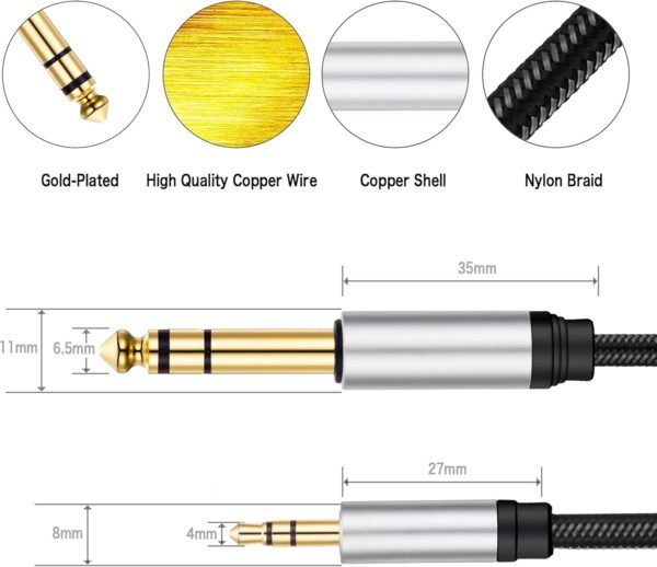 3.5 mm to 6.35 mm Audio Cable 20Ft, Gold-Plated Terminal Silver Color Zinc Alloy Housing 3.5mm 1/8" Male TRS to 6.35mm 1/4" Male TRS Nylon Braided Stereo Audio Cable for Cellphone,Amplifiers(20Ft/6M) - Image 7