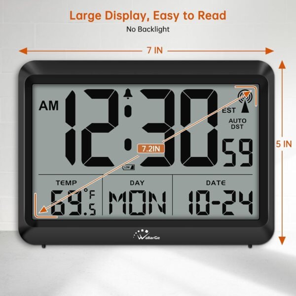 WallarGe Atomic Clock Battery Operated - Large Display Digital Alarm Clock with Seconds and Indoor Temeperature, 4 Time Zones, DST - Image 6
