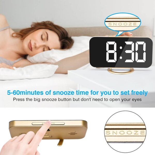 Digital Alarm Clock,6" Large LED Display with Dual USB Charger Ports | Auto Dimmer Mode | Easy Snooze Function, Modern Mirror Desk Wall Clock for Bedroom Home Office for All People (Gold) - Image 4