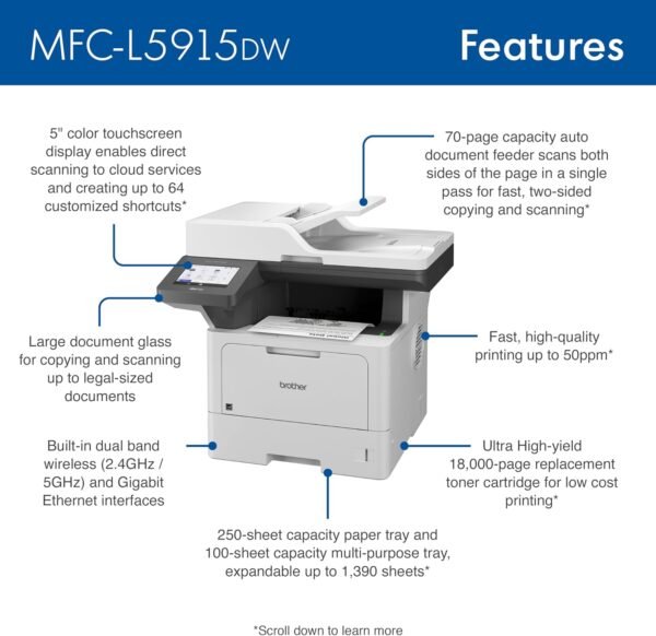 Brother Monochrome Laser Printer, Multifunction All-in-One Printer, MFC-L5915DW, Wireless Networking, Mobile Printing & Scanning, Duplex Print, Copy & Scan, Amazon Dash Replenishment Ready - Image 3
