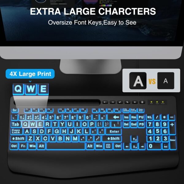 SABLUTE Large Print Backlit Computer Keyboards, Wired Lighted USB Keyboards with 7-Color Backlit, Wrist Rest, Phone Holder, Easy to Read and Type for Laptop, PC, Windows, Desktop - Image 4