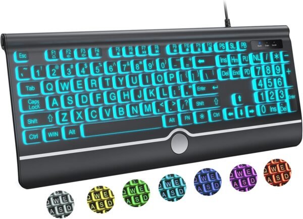 Computer Wired Keyboard, Large Print Backlit Keyboard with Wrist Rest, 7-Colors Backlit, Plug and Play, Foldable Stands, Spill-Resistant, Corded Full Size Keyboard for Windows, PC, Laptop - Image 2