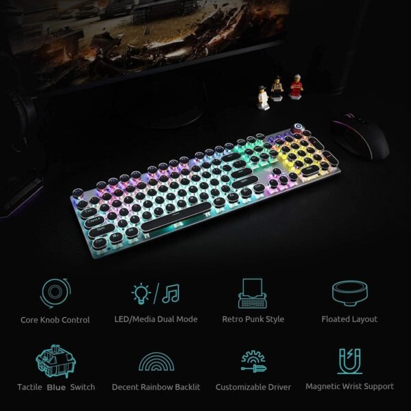 AULA F2088 Typewriter Style Mechanical Gaming Keyboard Blue Switches,Rainbow LED Backlit,Removable Wrist Rest,Media Control Knob,Retro Punk Round Keycaps,USB Wired Computer Keyboard - Image 9