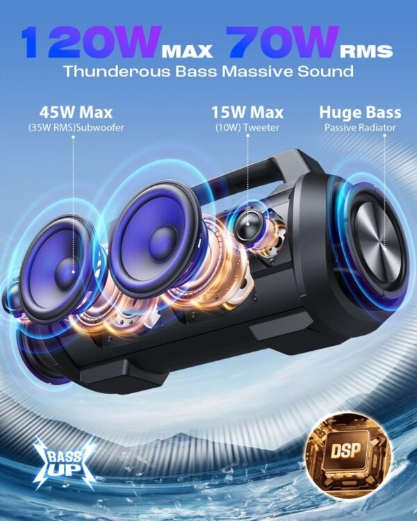 120W Peak 70W Portable Speaker, W-KING IPX6 Waterproof Bluetooth Speaker/Subwoofer/42H/DSP/EQ/Stereo Pair/RGB/Powerbank/MIC in/TF, Loud Outdoor Speakers Bluetooth Wireless Large Boombox for Party/Pool - Image 3
