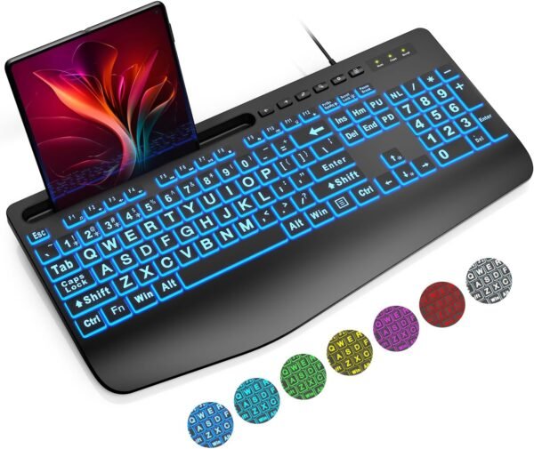 SABLUTE Large Print Backlit Computer Keyboards, Wired Lighted USB Keyboards with 7-Color Backlit, Wrist Rest, Phone Holder, Easy to Read and Type for Laptop, PC, Windows, Desktop - Image 2