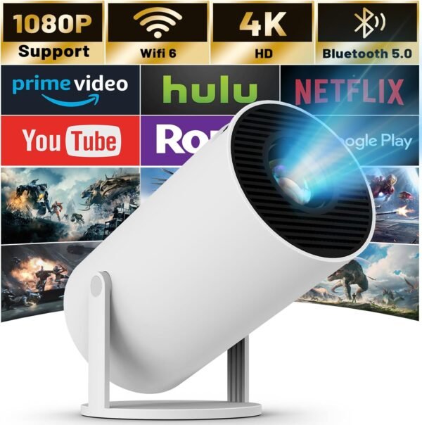 Mini Projector with WIFI 6 and Bluetooth, 4K 1080P Support Portable Projector 180° Rotatable 130'' Screen Movie Projector Auto Keystone Compatible for Laptop, PC, Smartphone (White) - Image 2