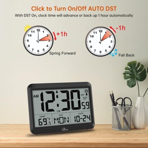 WallarGe Atomic Clock Battery Operated - Large Display Digital Alarm Clock with Seconds and Indoor Temeperature, 4 Time Zones, DST - Image 8