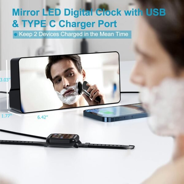 Digital Alarm Clock, Big Number LED Mirror Clock with Type C & USB Charging Port, 2 Alarms,Night Light,Dimmer,Snooze,Battery Backup,12/24H, Bedside Digital Clock for Bedroom Home Office Decor Kid Teen - Image 7
