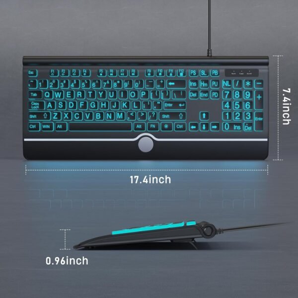 Computer Wired Keyboard, Large Print Backlit Keyboard with Wrist Rest, 7-Colors Backlit, Plug and Play, Foldable Stands, Spill-Resistant, Corded Full Size Keyboard for Windows, PC, Laptop - Image 9