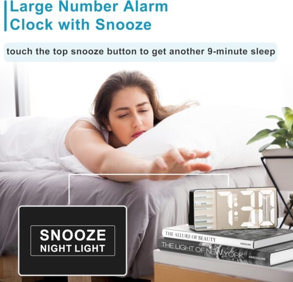 Digital Alarm Clock, Big Number LED Mirror Clock with Type C & USB Charging Port, 2 Alarms,Night Light,Dimmer,Snooze,Battery Backup,12/24H, Bedside Digital Clock for Bedroom Home Office Decor Kid Teen - Image 5