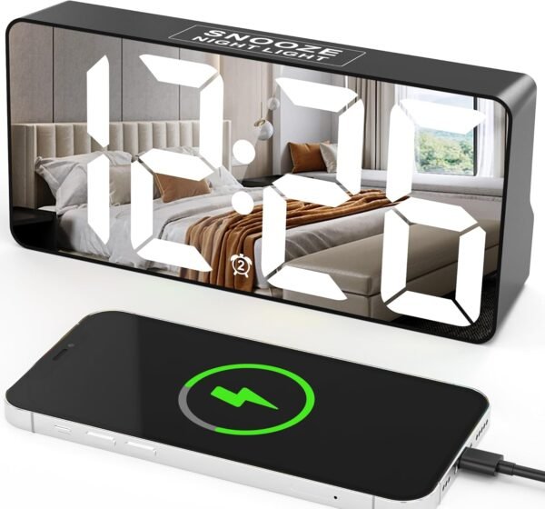 Digital Alarm Clock, Big Number LED Mirror Clock with Type C & USB Charging Port, 2 Alarms,Night Light,Dimmer,Snooze,Battery Backup,12/24H, Bedside Digital Clock for Bedroom Home Office Decor Kid Teen - Image 2