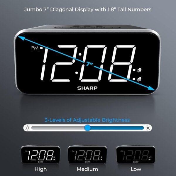 Sharp Alarm Clock Jumbo Easy to Read Display – 3 Step Dimmer Control – Dual Alarms, Battery Back-up, Black with White LED - Image 5