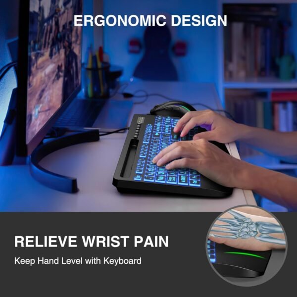SABLUTE Large Print Backlit Computer Keyboards, Wired Lighted USB Keyboards with 7-Color Backlit, Wrist Rest, Phone Holder, Easy to Read and Type for Laptop, PC, Windows, Desktop - Image 5