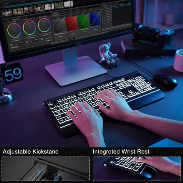 Computer Wired Keyboard, Large Print Backlit Keyboard with Wrist Rest, 7-Colors Backlit, Plug and Play, Foldable Stands, Spill-Resistant, Corded Full Size Keyboard for Windows, PC, Laptop - Image 7