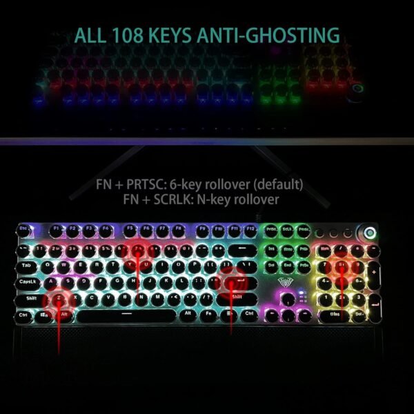 AULA F2088 Typewriter Style Mechanical Gaming Keyboard Blue Switches,Rainbow LED Backlit,Removable Wrist Rest,Media Control Knob,Retro Punk Round Keycaps,USB Wired Computer Keyboard - Image 7