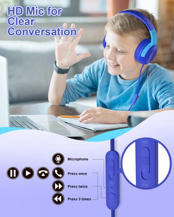 ELECDER Kids Headphones, S8 Wired Headphones for Kids with Microphone for Boys Girls, Adjustable 85dB/94dB Volume Limited (Navy/Blue) - Image 4